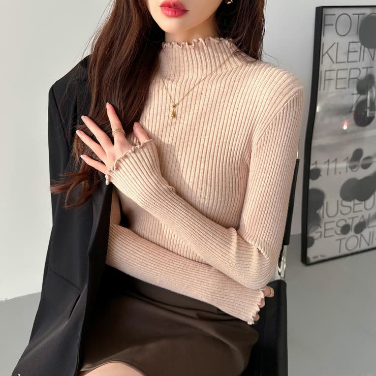 トップス mooooooco メロウフリル リブニットトップス フリルハイネック[品番