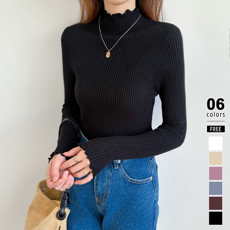 ブラック | メロウフリル リブニットトップス フリルハイネック | COCOMOMO