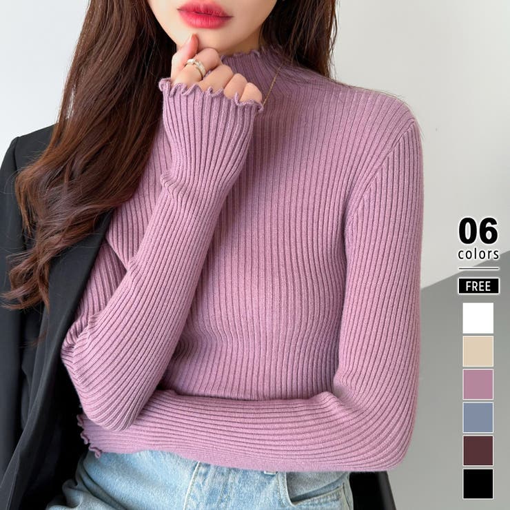 まりも　0910 メロウフリル リブニットトップス フリルハイネック[品番