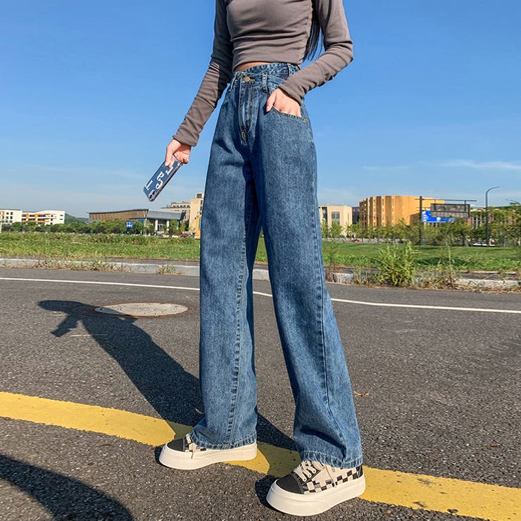 デニムパンツ ハイウエストストレートパンツ 韓国ファッション[品番