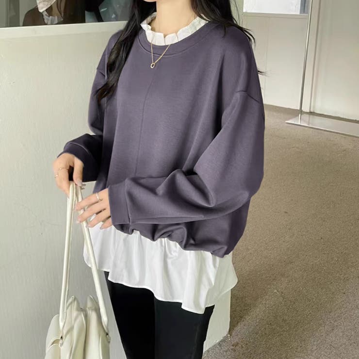 ドッキングブラウス 切り替えスウェット 重ね着風[品番：COCW0005863