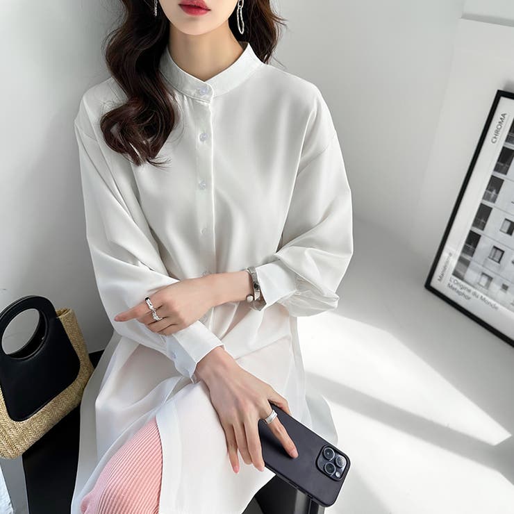 シャツチュニック ロングシャツ バンドカラー | COCOMOMO | 詳細画像19 