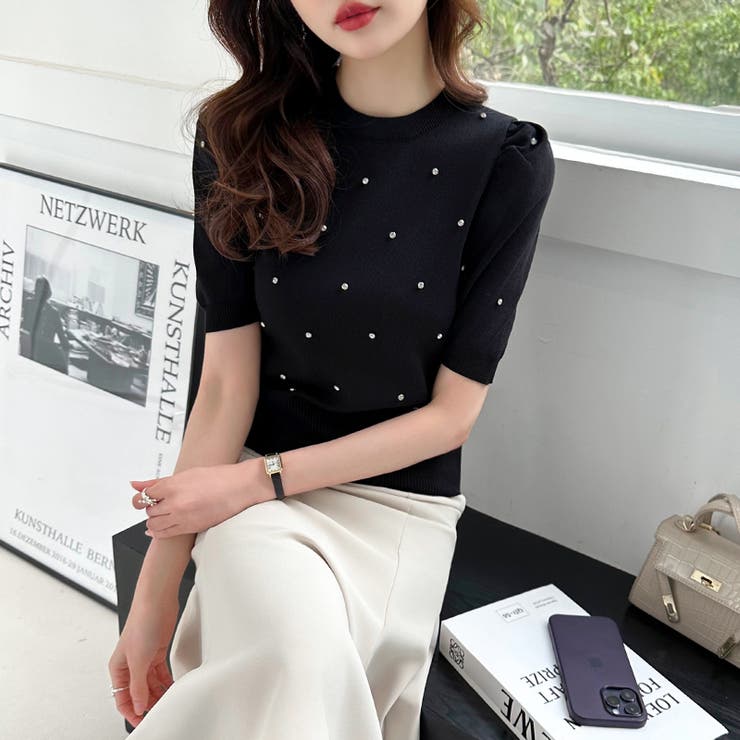 キラキラビジューニット サマーニット パフスリーブ | COCOMOMO | 詳細画像3 