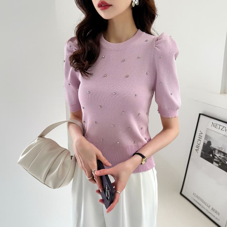 キラキラビジューニット サマーニット パフスリーブ | COCOMOMO | 詳細画像7 