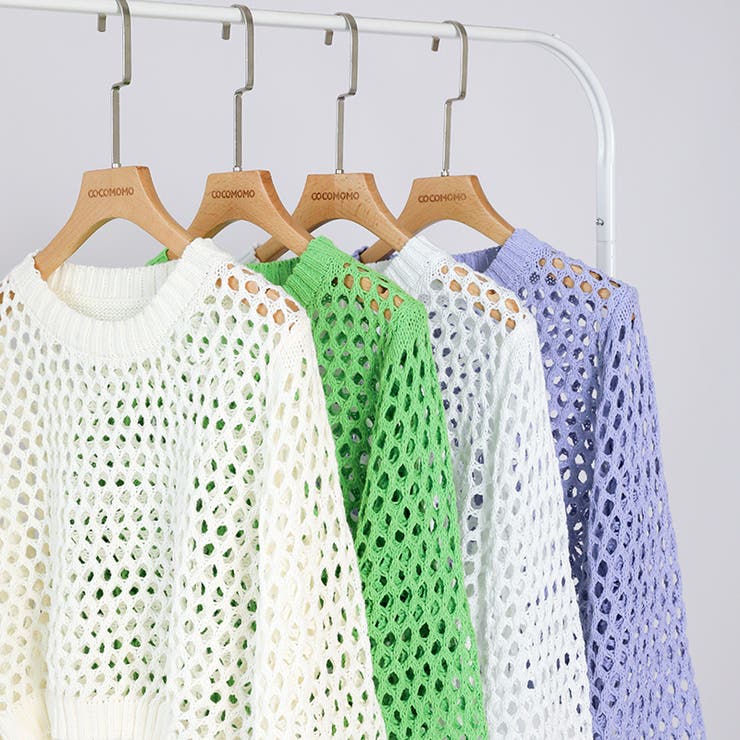 メッシュニット 透かし編みトップス ショート丈[品番