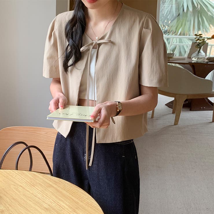 ショート丈ジャケット ノーカラーリボン半袖ジャケット パフスリーブ