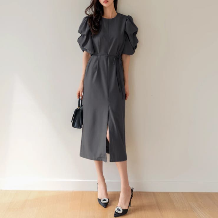 パフスリーブワンピース きれいめワンピース フロントスリット | COCOMOMO | 詳細画像14 