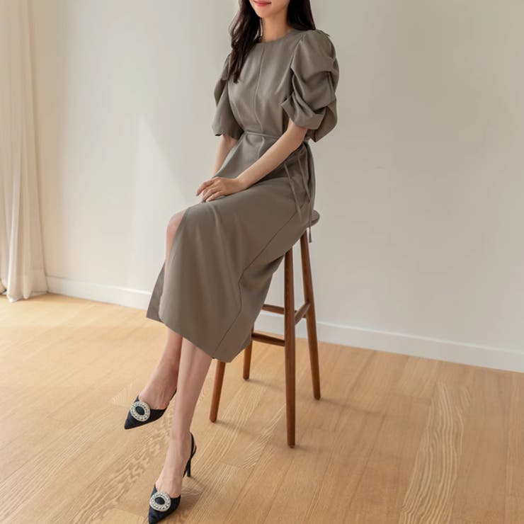 パフスリーブワンピース きれいめワンピース フロントスリット | COCOMOMO | 詳細画像9 