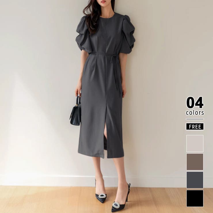 ダークグレー | パフスリーブワンピース きれいめワンピース フロントスリット | COCOMOMO