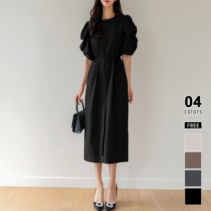 ブラック | パフスリーブワンピース きれいめワンピース フロントスリット | COCOMOMO