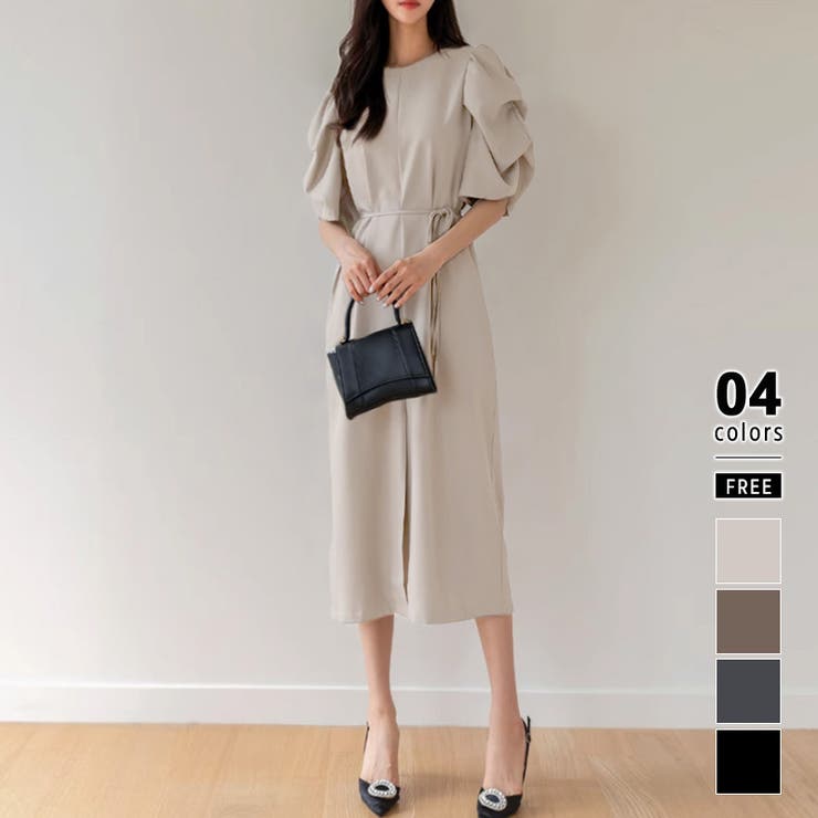 アイボリー | パフスリーブワンピース きれいめワンピース フロントスリット | COCOMOMO