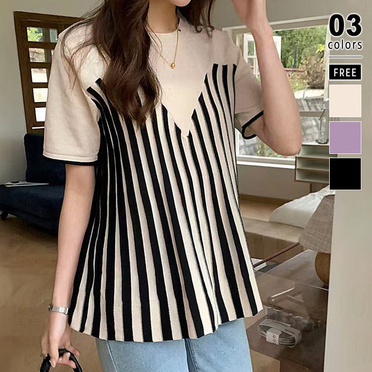 サマーニット ビスチェ風切り替えトップス 半袖トップス[品番