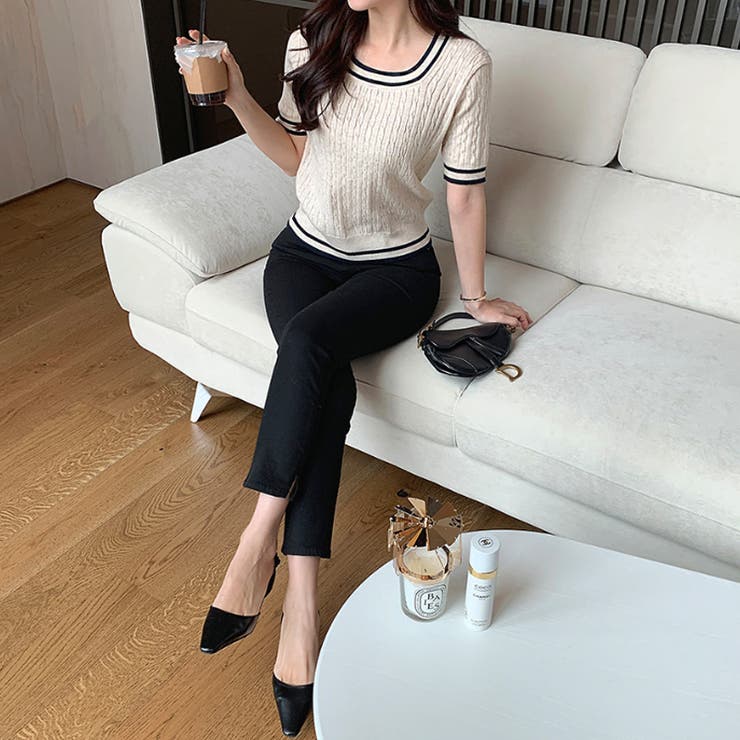 配色ライン チルデンクロップドニット 韓国ファッション | COCOMOMO | 詳細画像5 