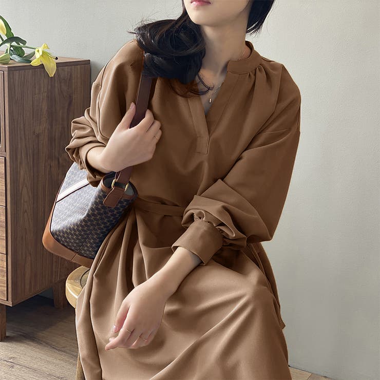 ワンピース キーネックロングワンピース 大人きれいめ[品番