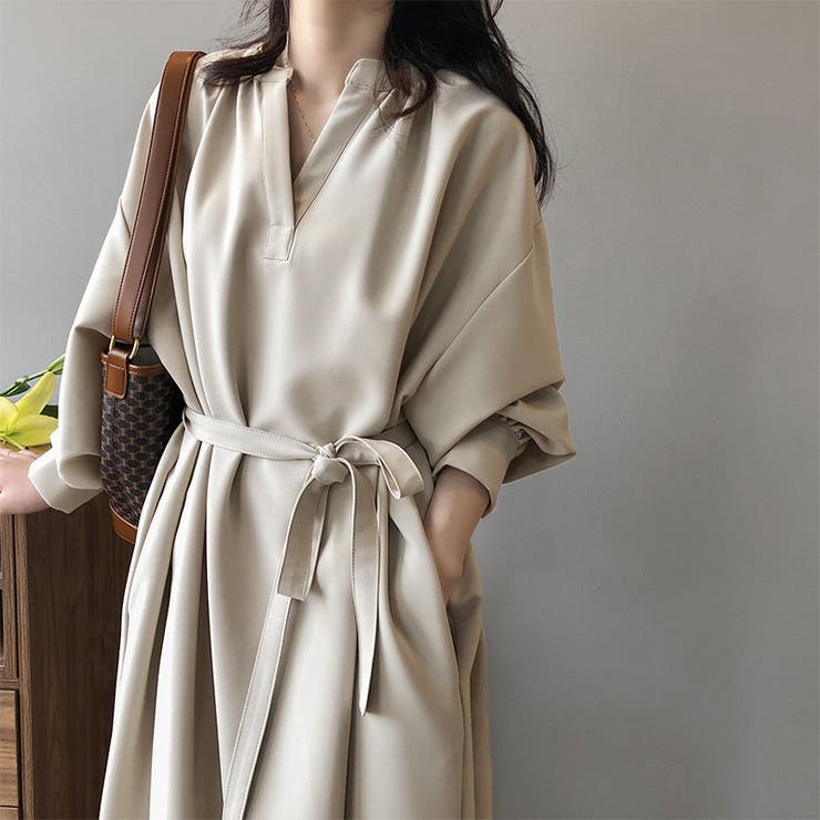 ワンピース キーネックロングワンピース 大人きれいめ[品番