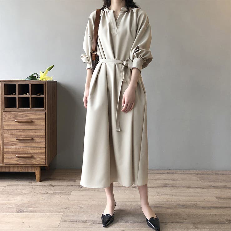 ワンピース キーネックロングワンピース 大人きれいめ[品番