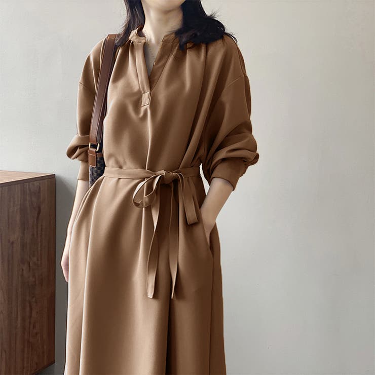 ワンピース キーネックロングワンピース 大人きれいめ[品番