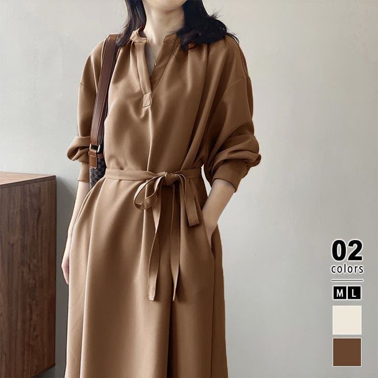 ワンピース キーネックロングワンピース 大人きれいめ[品番