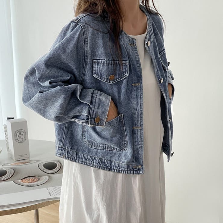 売り切りセール！ノーカラーデニムジャケット　レディース セール☆4990円→2990円 ノーカラーデニムジャケット レディース