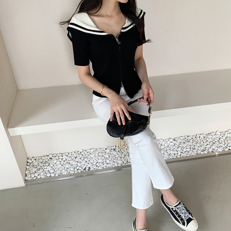 ダブルジップ セーラーカラー リブニットトップス[品番：COCW0005931