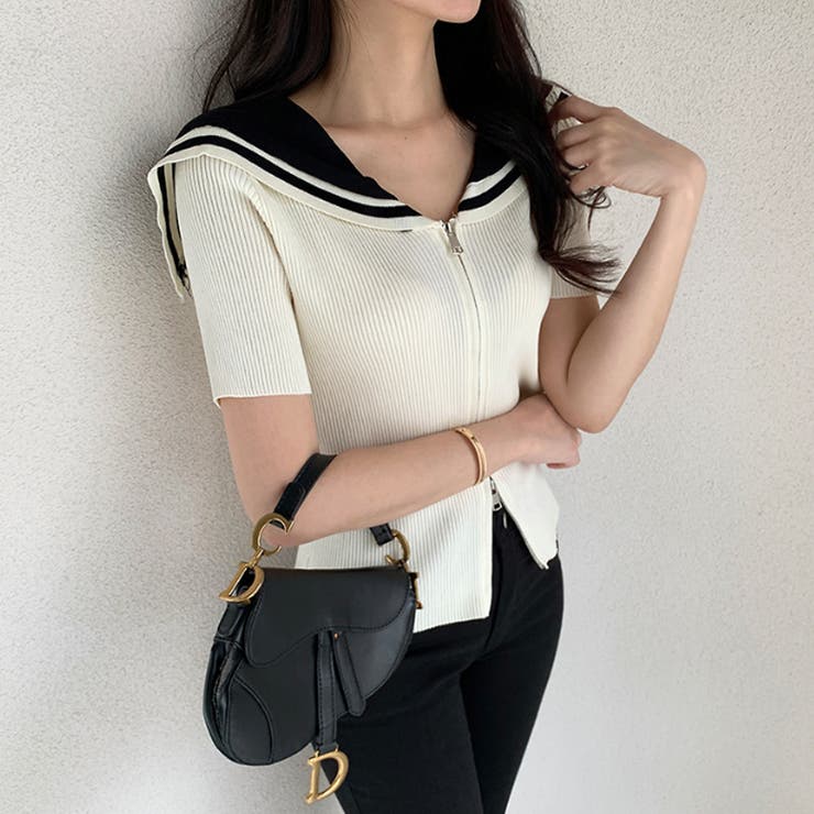 ダブルジップ セーラーカラー リブニットトップス[品番：COCW0005931