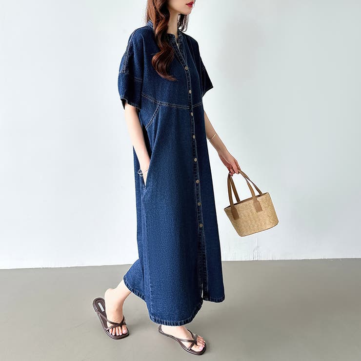 23SS●GUESS●A-LINE DENIM DRESS デニム ワンピース 韓国人気 デニムワンピース デニムシャツワンピース 韓国ファッション