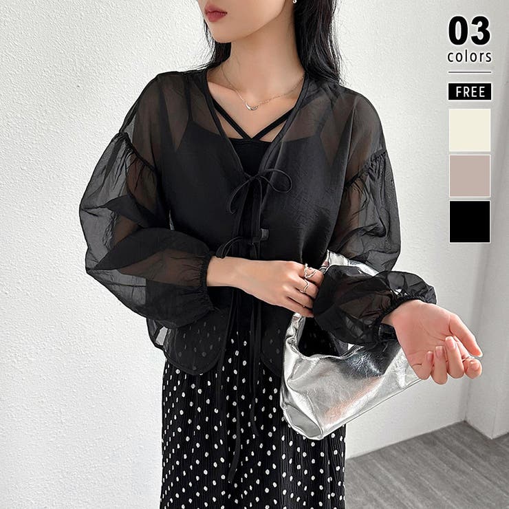 リボンシアーブラウス シアーカーディガン ボリュームスリーブ[品番