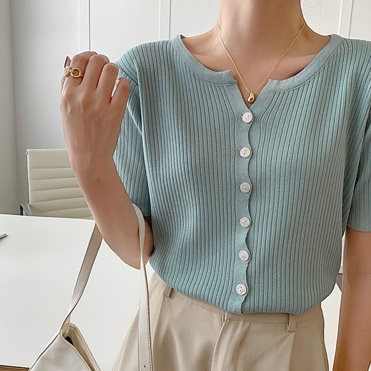 リブニット サマーニット 半袖ニットカーディガン | COCOMOMO | 詳細画像9 