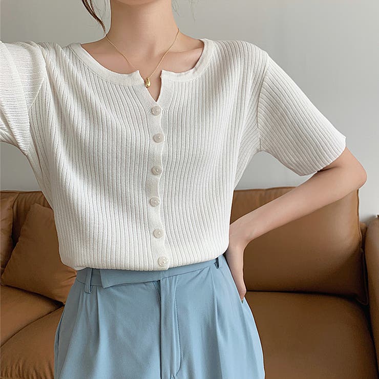 リブニット サマーニット 半袖ニットカーディガン[品番：COCW0005948