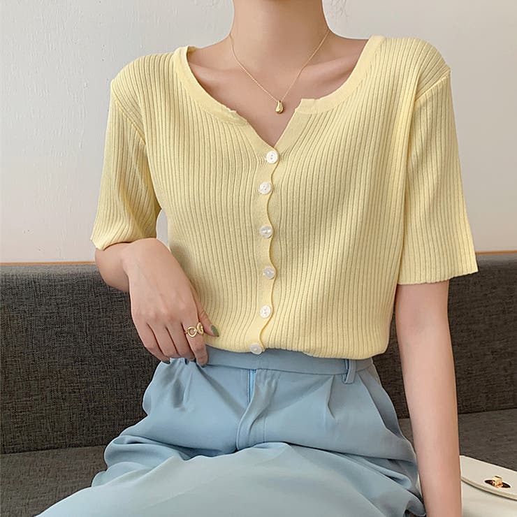 リブニット サマーニット 半袖ニットカーディガン | COCOMOMO | 詳細画像19 