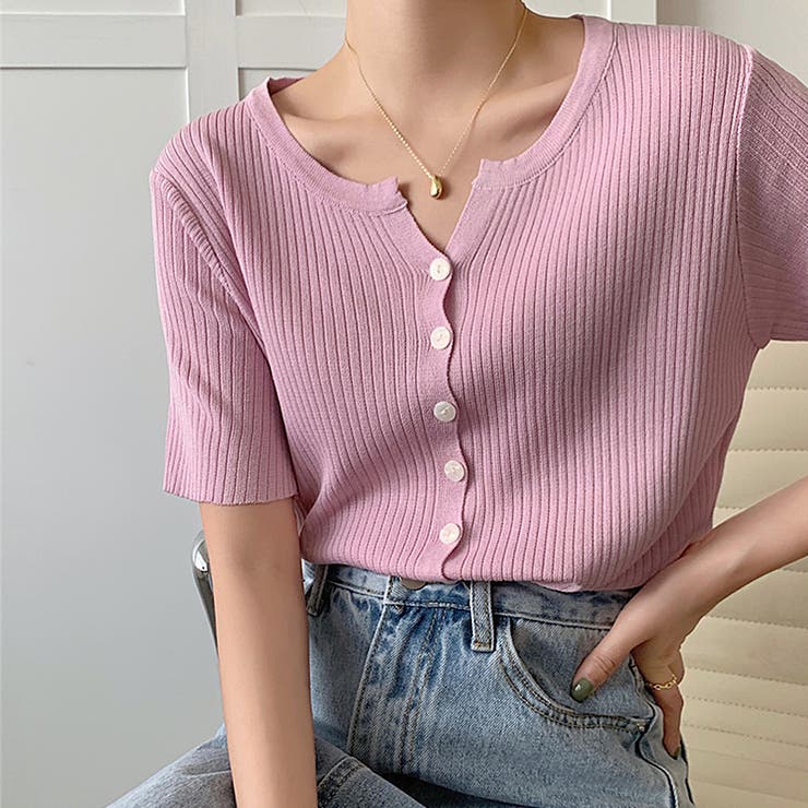 リブニット サマーニット 半袖ニットカーディガン | COCOMOMO | 詳細画像3 