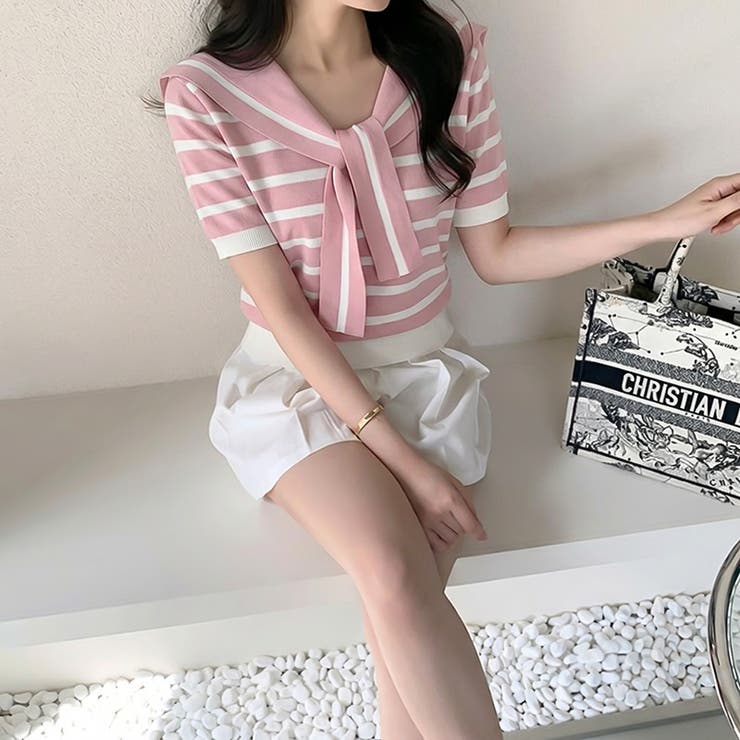 セーラーカラーボーダーニット サマーニット 韓国ファッション | COCOMOMO | 詳細画像13 
