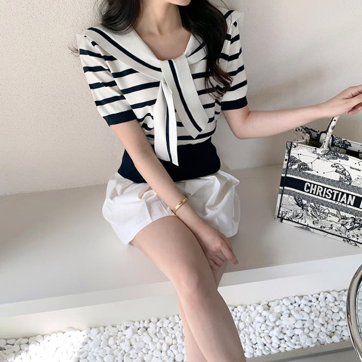 セーラーカラーボーダーニット サマーニット 韓国ファッション | COCOMOMO | 詳細画像4