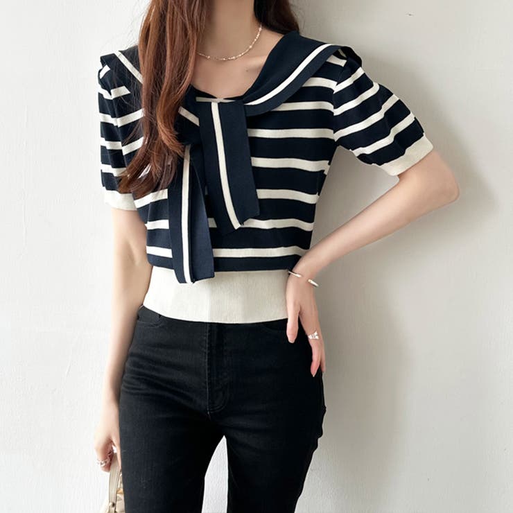 セーラーカラーボーダーニット サマーニット 韓国ファッション | COCOMOMO | 詳細画像5