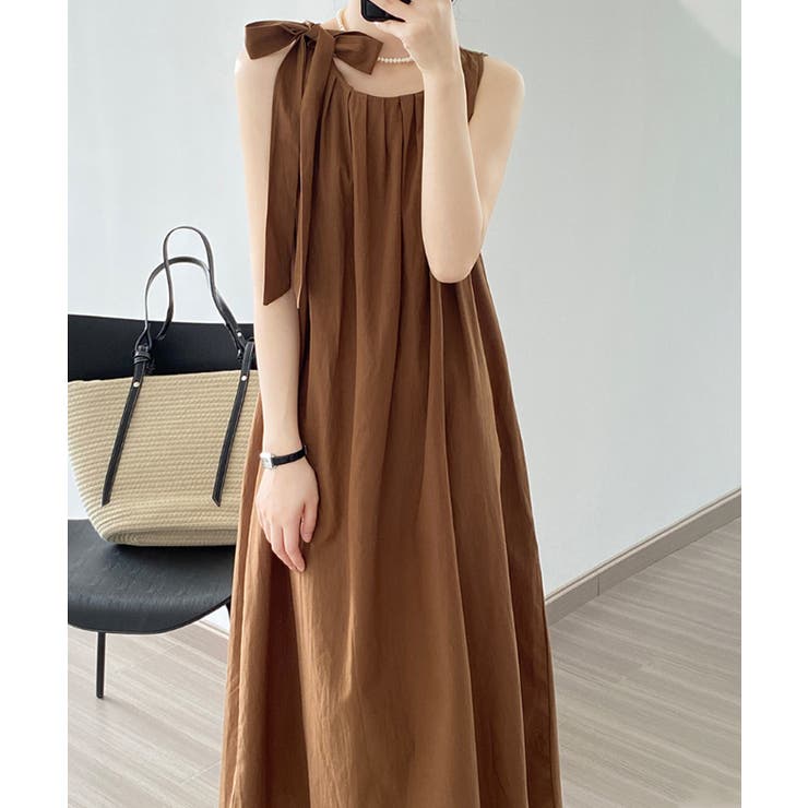 ノースリーブワンピース ショルダーリボン ロングワンピース