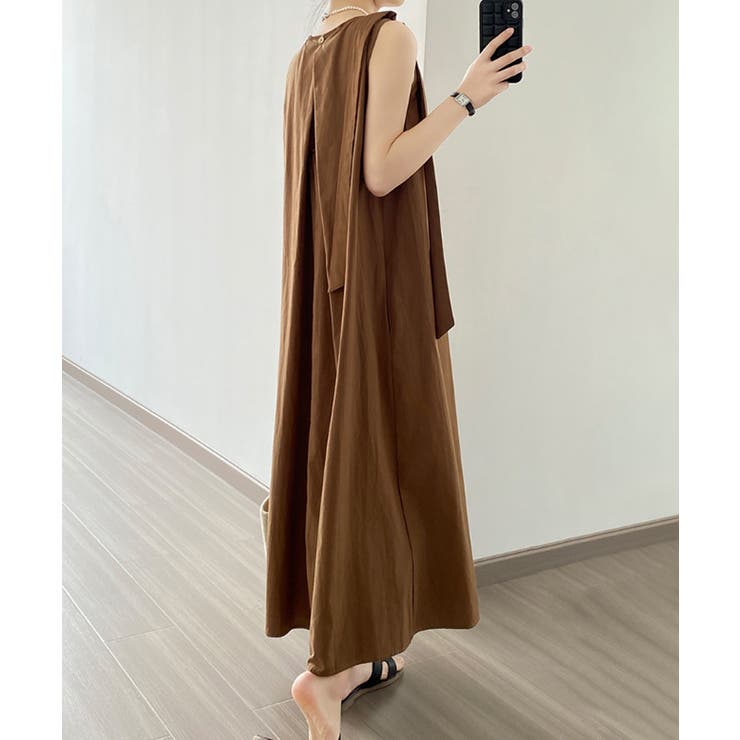 ノースリーブワンピース ショルダーリボン ロングワンピース[品番