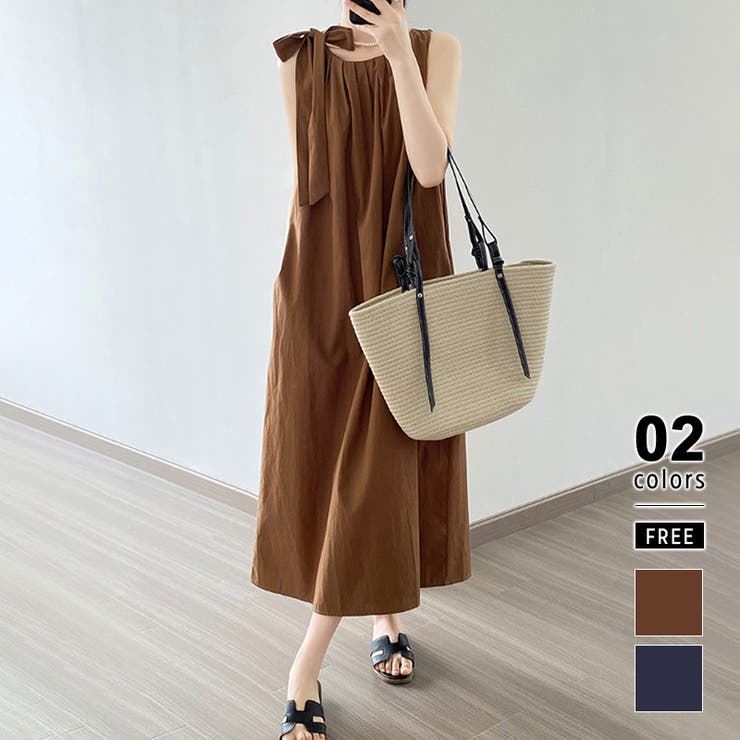 大人気?ショルダーリボンワンピース夏服ニットワンピース韓国ノースリj