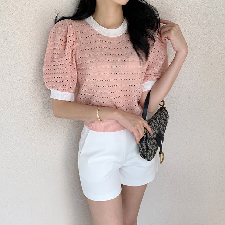 パンチングパフスリーブニット サマーニット 透かし編み | COCOMOMO | 詳細画像12 