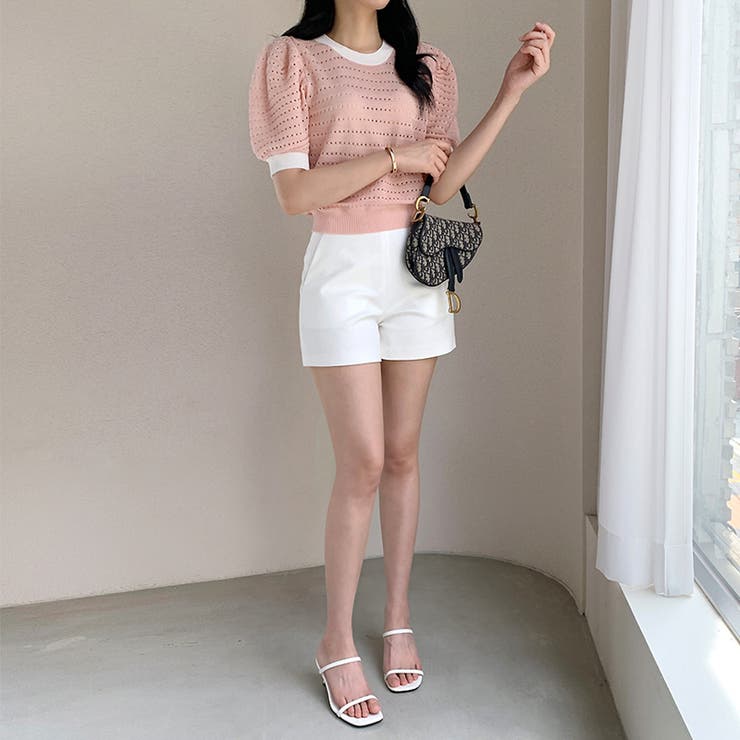 パンチングパフスリーブニット サマーニット 透かし編み | COCOMOMO | 詳細画像15 