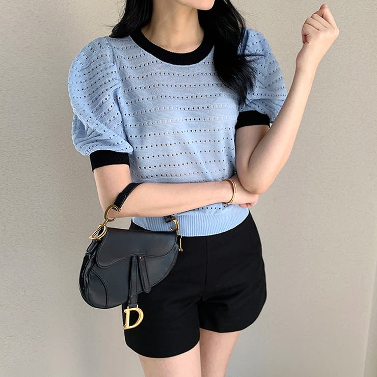 パンチングパフスリーブニット サマーニット 透かし編み | COCOMOMO | 詳細画像3 