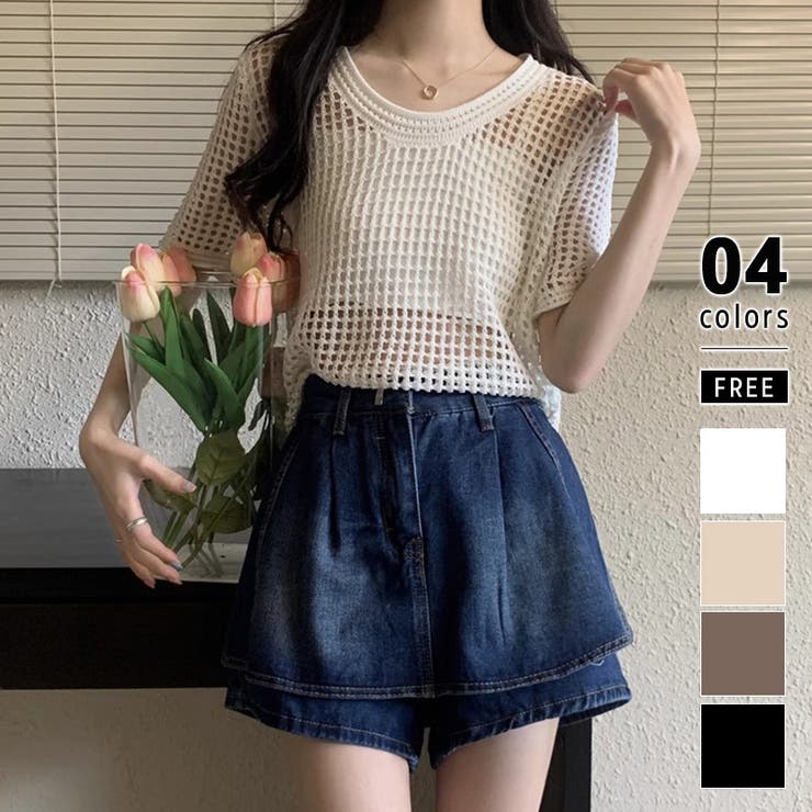 ホワイト | メッシュニット 透かし編み 韓国ファッション | COCOMOMO