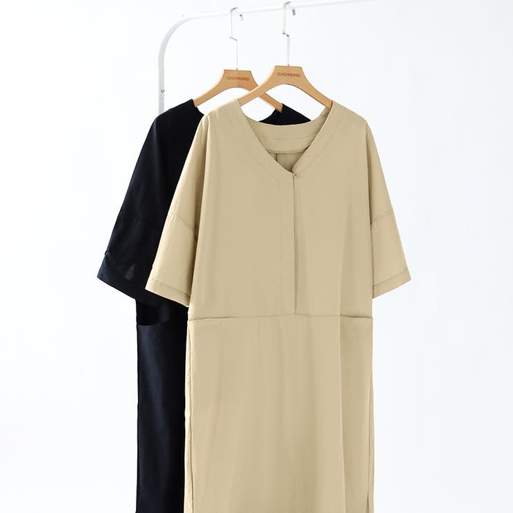 Vネックワンピース リネンライク 夏ワンピース[品番：COCW0006004