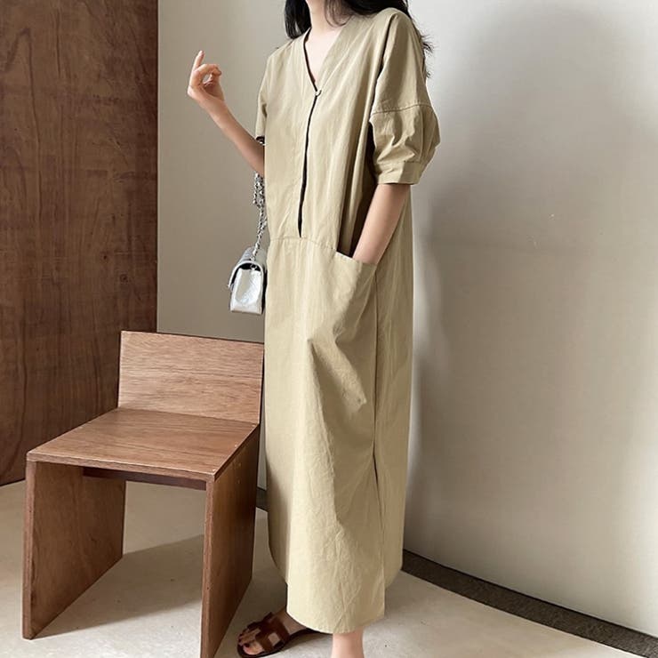 Vネックワンピース リネンライク 夏ワンピース[品番：COCW0006004