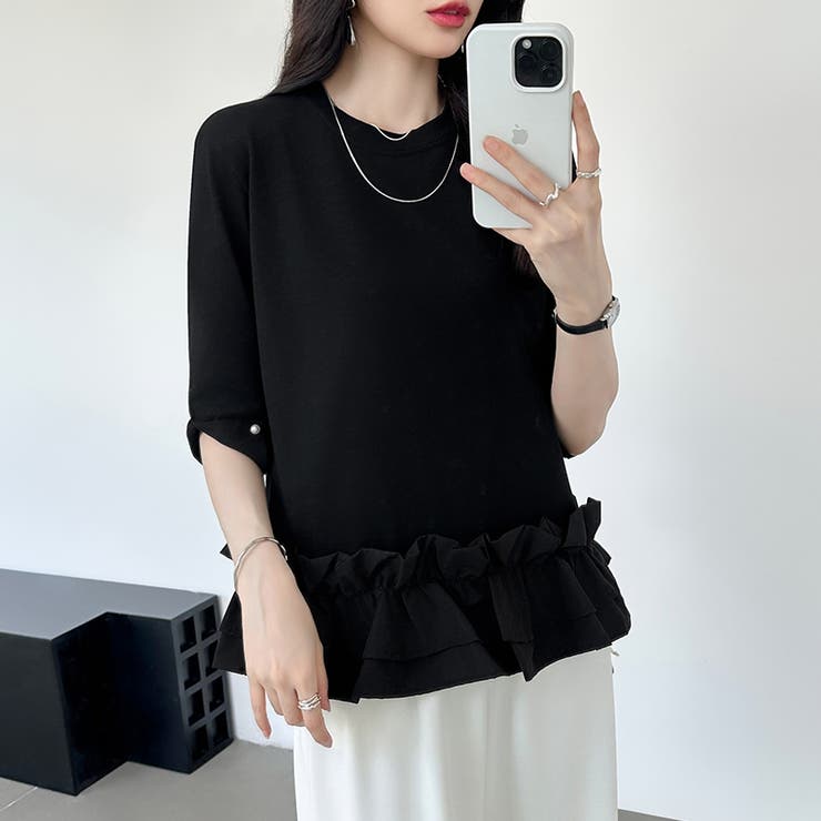 フリルカットソー オフィスカジュアル パール袖フリルトップス | COCOMOMO | 詳細画像8 