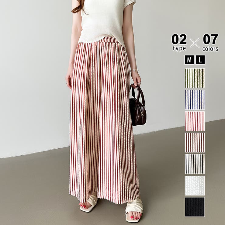 アンクル丈・ワイン | さらっと快適リラクシーワイドパンツ ストライプパンツ ワイドパンツ | COCOMOMO