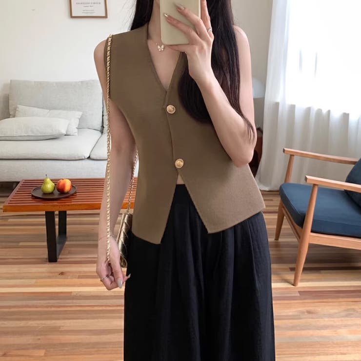 ノースリーブニットベスト 金ボタン 韓国ファッション | COCOMOMO | 詳細画像2 