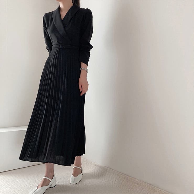 ベルト付 片側プリーツ カシュクール ワンピース S〜XXL プリーツワンピース ベルト付きカシュクールワンピース オフィス