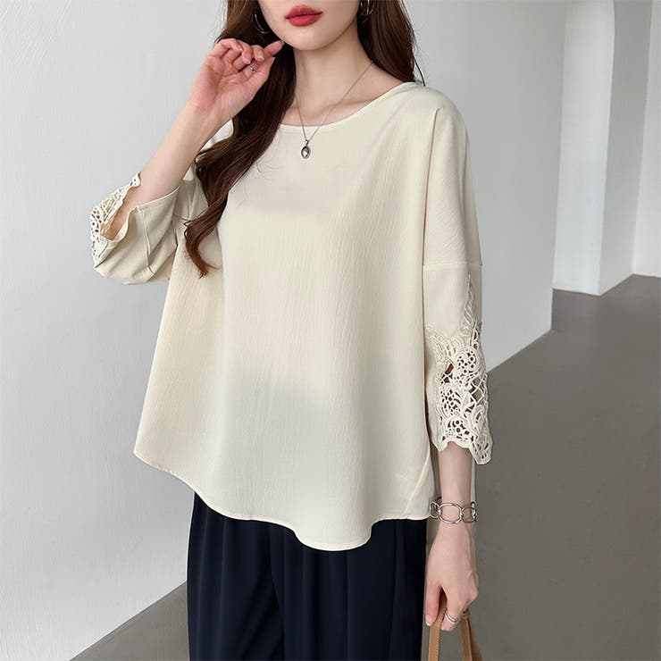 レース使い7分袖チュニックブラウス【Leilian WHITE LABEL