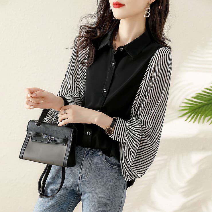 シャツブラウス ストライプ切り替え ボリューム袖ブラウス | COCOMOMO | 詳細画像3 