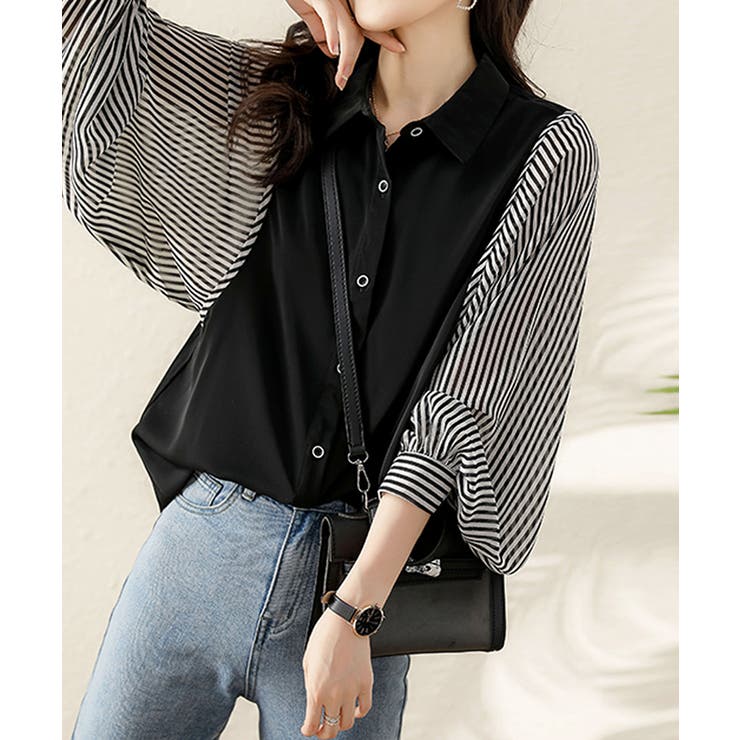 シャツブラウス ストライプ切り替え ボリューム袖ブラウス | COCOMOMO | 詳細画像5 